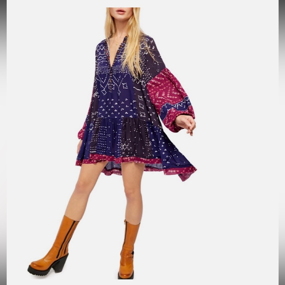 Free People Vneck Boho Flowy Mini Tunic Dress Pink  Blue Patchwork Print Small